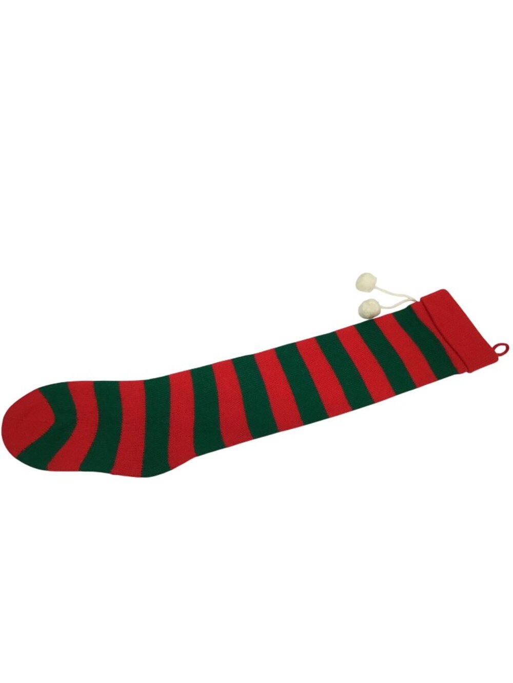 Striped Red Green Vintage 1970s Knit 24.5 inch Christmas Stocking with Pom Poms